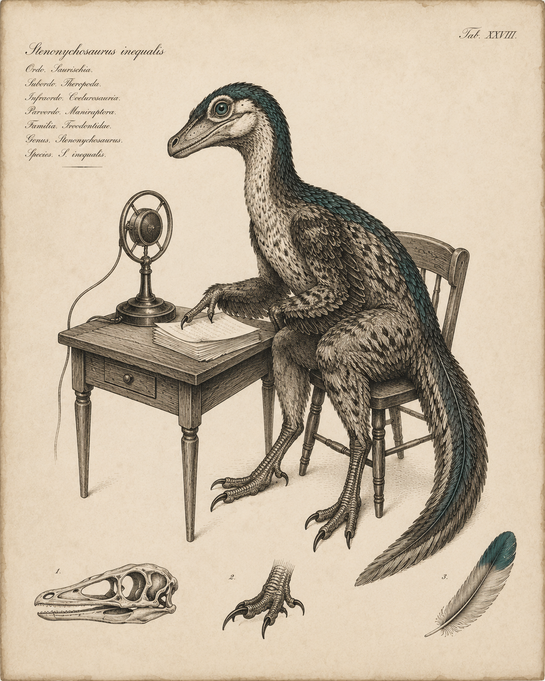 Naturkundliche Tafel eines befiederten Troodontiden am Schreibpult mit Mikrofon, Kupferstich-Stil in Sepia.